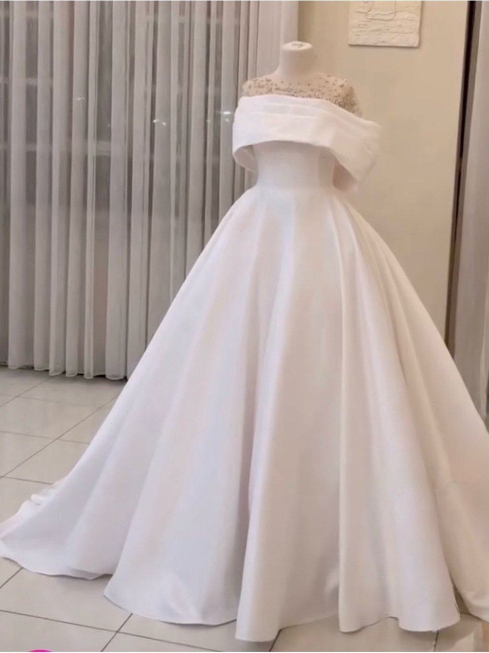 Off-Shoulder White Ball Gown Wedding Dress with Embellished Illusion Neckline